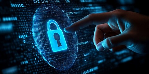 Futuristic Digital Lock Icon with Binary Code for Cyber Security and Data Protection in Online Systems