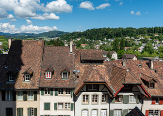 traditional Swiss town house architectural details, historic houses, roofs and chimneys