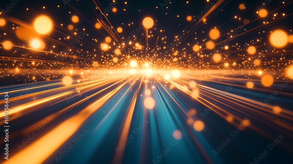 Fototapete Radiant Motion Effect with Glowing Light Streaks and Floating Particles in a Vibrant Abstract Design : Generative AI