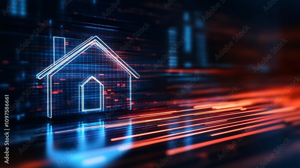 Leinwandbilder digitally rendered neon house symbol in a blue and red high tech network environment : generative ai