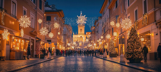 Plakat Christmas lights illuminating via condotti in rome at twilight