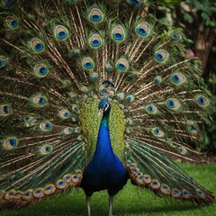 Naklejka premium A peacock displaying its vibrant feathers in a lush green garden.