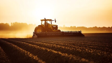 Fototapeta premium Golden Hour Farming Tractor in Dusty Wheat Field at Sunrise : Generative AI