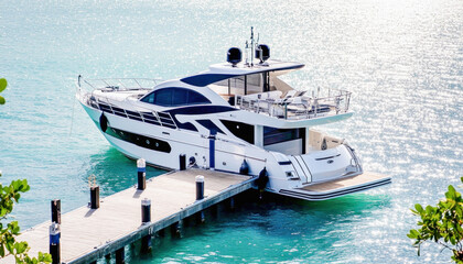 Luxury yacht moored at pier on sunny day reflecting on turquoise water