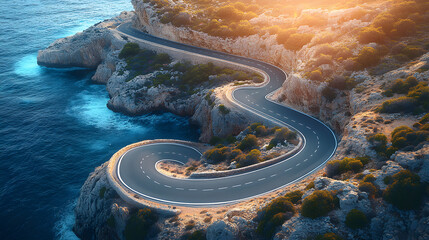 scenic winding road hugs the edge of rocky cliffs overlooking the ocean. The golden light of sunset...