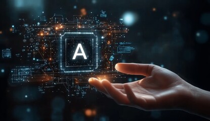 Futuristic Holographic Technology Representation of Chemical Element and Atomic Number Surrounded by Digital Interfaces and Circuitry