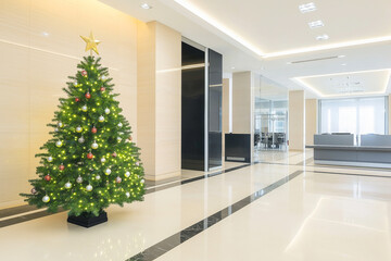 Fototapeta premium Christmas Tree in modern office near big window and building view in city