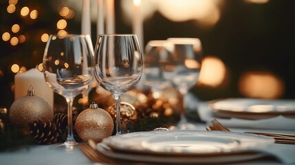 Table setting with white tablecloth, glass of wine, white plate, silverware, folded napkin and Christmas decorations including pine branches and lit candles. For Christmas night