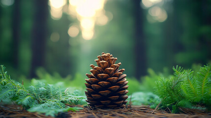 A serene and tranquil pine cone amidst lush ferns on the forest floor, perfect for nature-themed designs, eco-friendly branding, and outdoor event promotions.