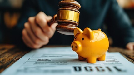 Financial Judgement: Gavel and Piggy Bank on Legal Documents