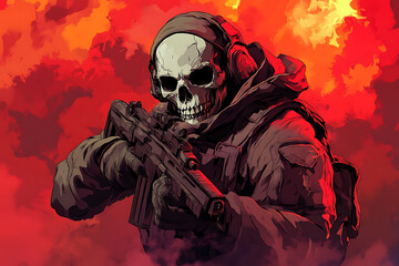 A skeletal figure in tactical gear holds a weapon against a fiery backdrop.