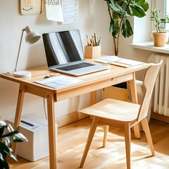 Cozy Home Office Workspace with Wooden Desk and Chair.