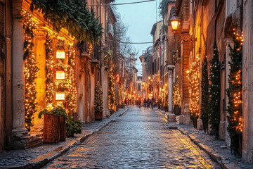 Fototapeta premium Christmas lights illuminating charming narrow street in rome, italy