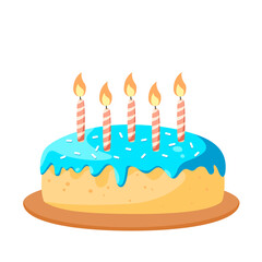 Birthday cake for boys with blue mastic and candles on a white background.