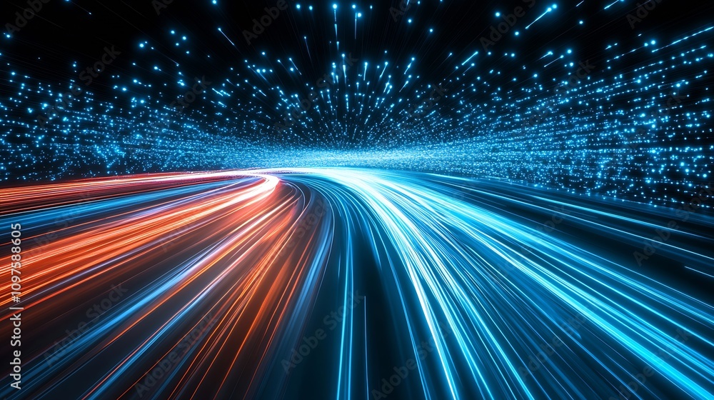Poster speed of light concept in a futuristic tunnel with dynamic blue and orange streaks : generative ai