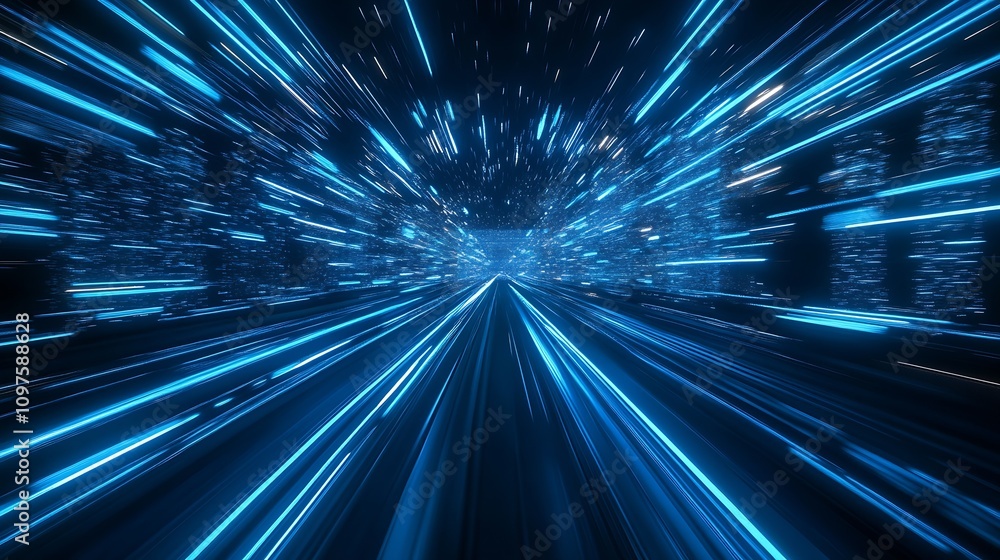 Aufkleber Dynamic Motion Blur of Blue Light Streams in Fast-Paced Futuristic City : Generative AI