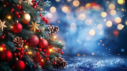 Christmas tree decoration with balls, cones and berries on blutted christmas lights