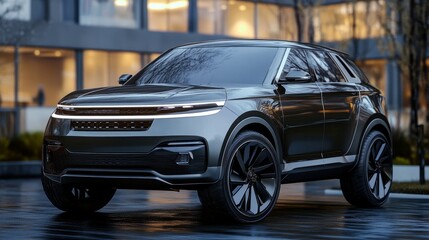 Front angle of a four-wheel SUV mockup with transparent features, focusing on its grille and headlights