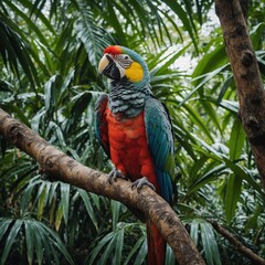 Obraz premium A parrot perched on a tree branch in a tropical jungle.