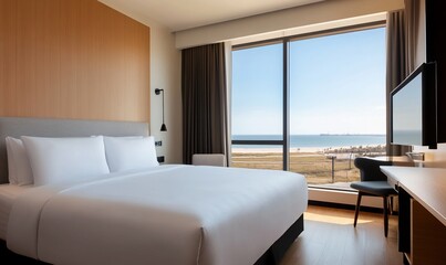 Modern hotel room with ocean view, king bed, and workspace.