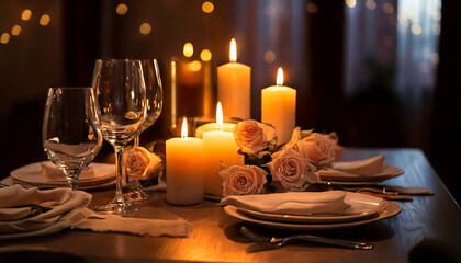 Candlelit Table with Roses, Cutlery, and Wine Glass, Creating a Dinner Atmosphere