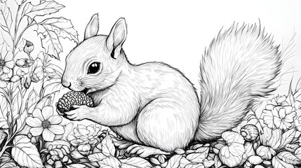black-and-white illustration of a squirrel sitting among intricate forest foliage, holding a nut. Ideal for coloring books, nature-themed projects, and educational materials.