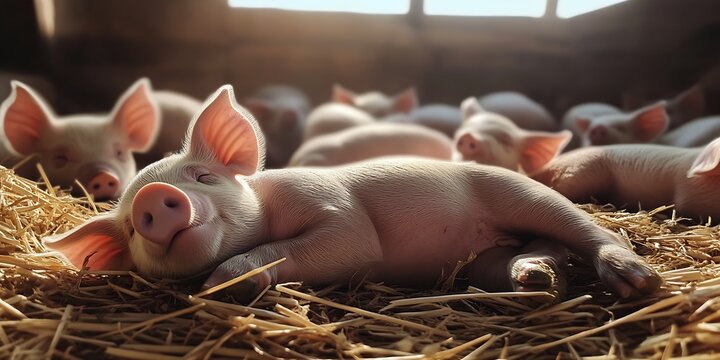 Cute piglet napping in warm barn surrounded by straw and fellow piglets : Generative AI