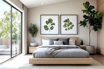 Modern bedroom with large bed grey bedding leafy plants natural light wood accents big windows