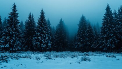 Obraz premium Snowy Pine Forest in Foggy Winter Atmosphere