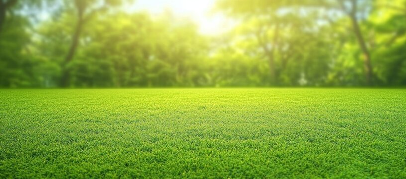 Vibrant green lawn landscape with freshly cut grass and lush trees in a tranquil morning setting