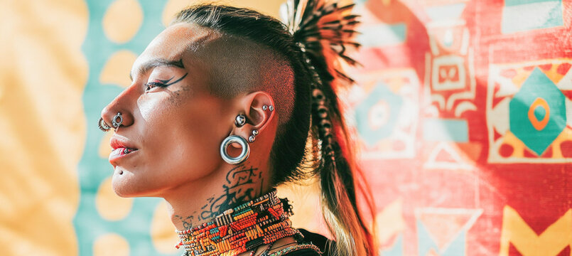 Young model showing undercut hairstyle and piercings posing in studio