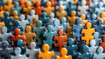 Obraz premium Abstract representation of connected puzzle pieces with diverse faces on each piece, symbolizing solidarity