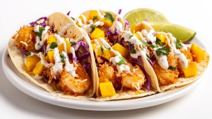 A plate of crispy coconut shrimp tacos topped with shredded cabbage, mango salsa, and lime crema