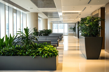 Photo  office interior is sleek and contemporary, featuring green plants and a blend of corporate and design themes.