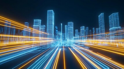 Obraz premium Futuristic Cityscape Illustration with Glowing Blue and Orange Light Streaks : Generative AI