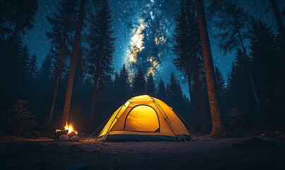 Starry Night Camping in Forest with Tent and Cozy Campfire : Generative AI