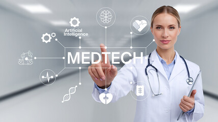 Female health doctor pointing to word Medtech and medical icons, medical technology integration automation health care, AI robotic digital transformation concept
