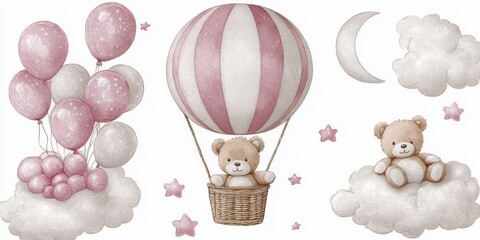 Teddy Bear Hot Air Balloon Baby Shower Invitation Elements Cloud Moon Stars Cute Cartoon Children Art