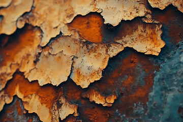 Obraz premium Rusty metal surface with peeling paint and rich texture in warm tones showcasing decay and age