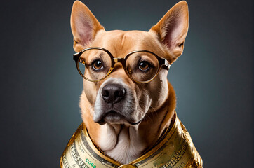 Dog wearing glasses with golden dollar symbols. Generative AI.