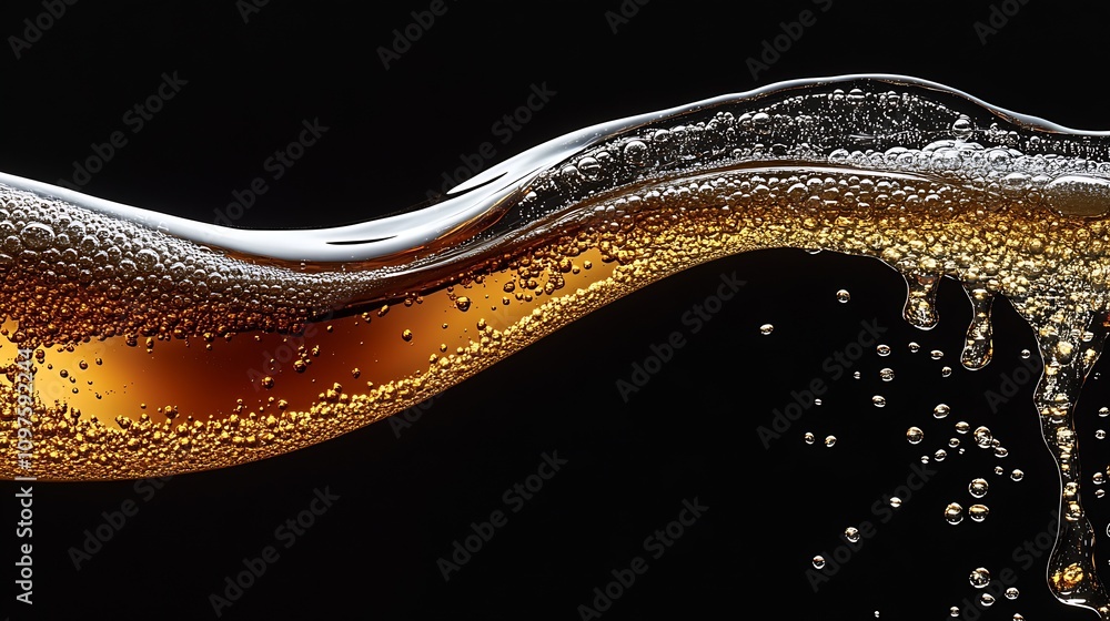 Poster effervescent soda flow with detailed bubbles in amber hue for refreshment imagery : generative ai