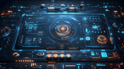 Obraz premium Innovative digital control panel design future tech lab graphic interface futuristic environment aerial view high-tech concept