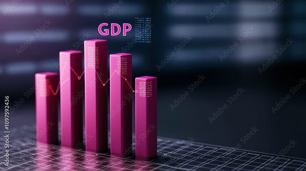 Poster economics gdp analysis concept. a digital visualization of gdp data represented by pink bar graphs, 