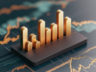 economics GDP analysis concept. A sleek bar chart in gold stands prominently against a dark background, symbolizing financial growth and data analysis.