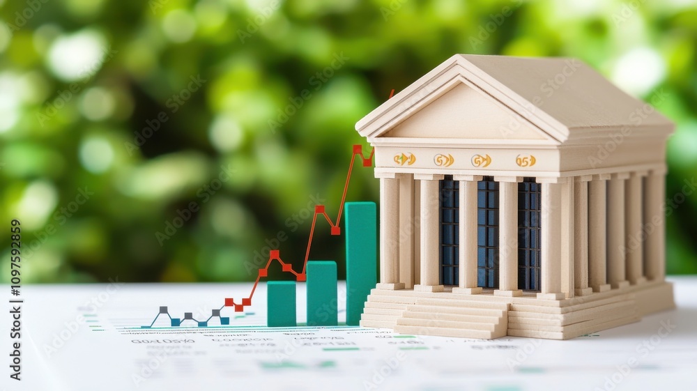 Poster economics gdp analysis concept. a model of a bank building with increasing bar and line graphs, repr