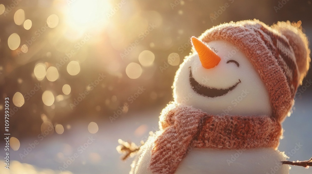 Poster a snowman with a red hat and scarf is smiling