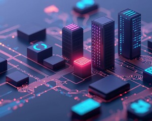 economics GDP analysis concept. A vibrant, futuristic cityscape represented with circuit-like structures and glowing elements, showcasing technology and innovation.
