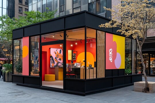 Modern pop-up shop with vibrant design and glass walls.