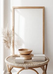 Minimalist Wooden Picture Frame on Wicker Stand with Books and Bowl in Bright White Room