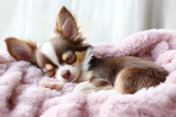 Chihuahua Puppy Napping on Soft Pink Blanket by Window